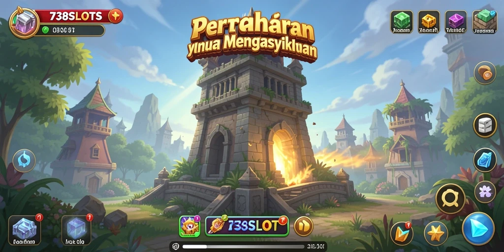 Screenshot 738SLOTS menampilkan gameplay pertahanan menara yang mendebarkan.