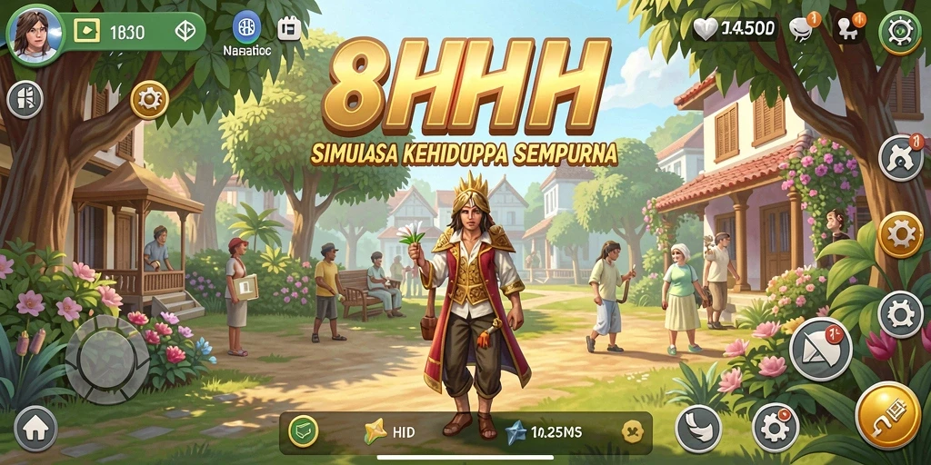 Screenshot utama 8HHH menampilkan gameplay simulasi kehidupan yang mendalam.