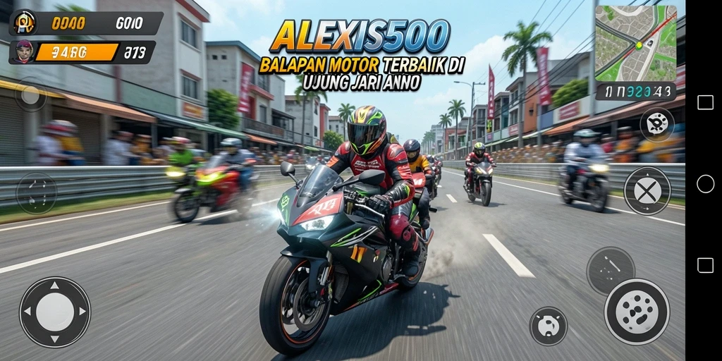 Screenshot gameplay ALEXIS500 menampilkan aksi balapan motor yang seru.