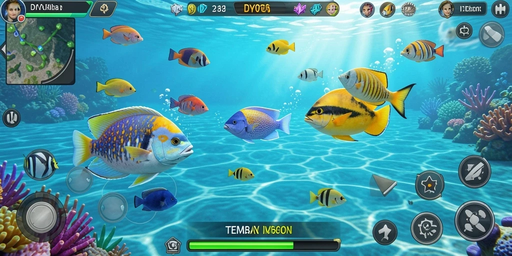 Screenshot menunjukkan gameplay seru Tembak Ikan dengan ikan berwarna-warni.