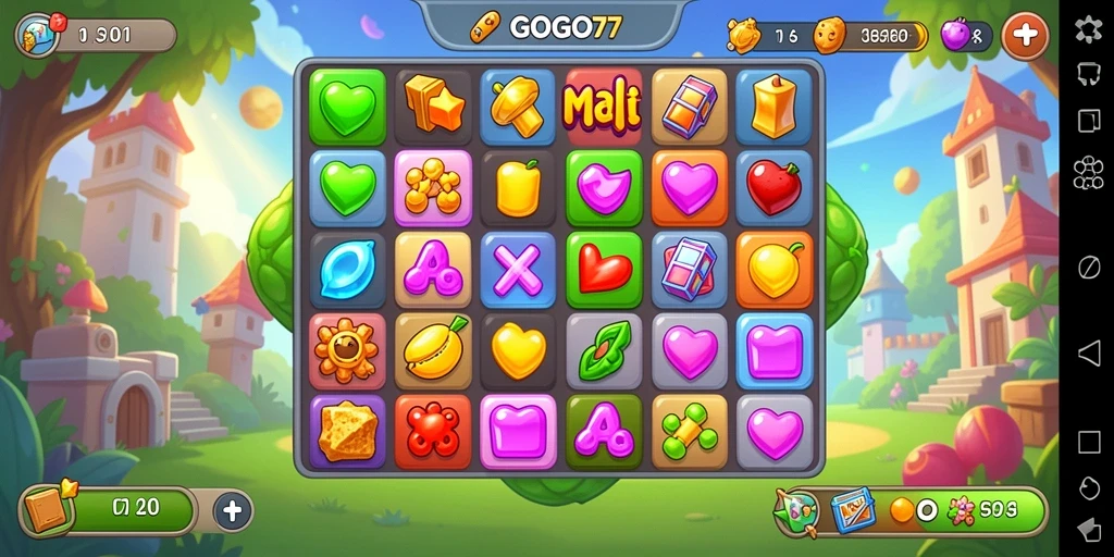 Tampilan gameplay Match-3 GOGO77 yang seru dan penuh warna.