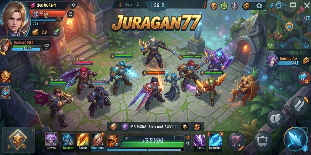 Screenshot utama JURAGAN77 menampilkan pertarungan seru di arena MOBA.
