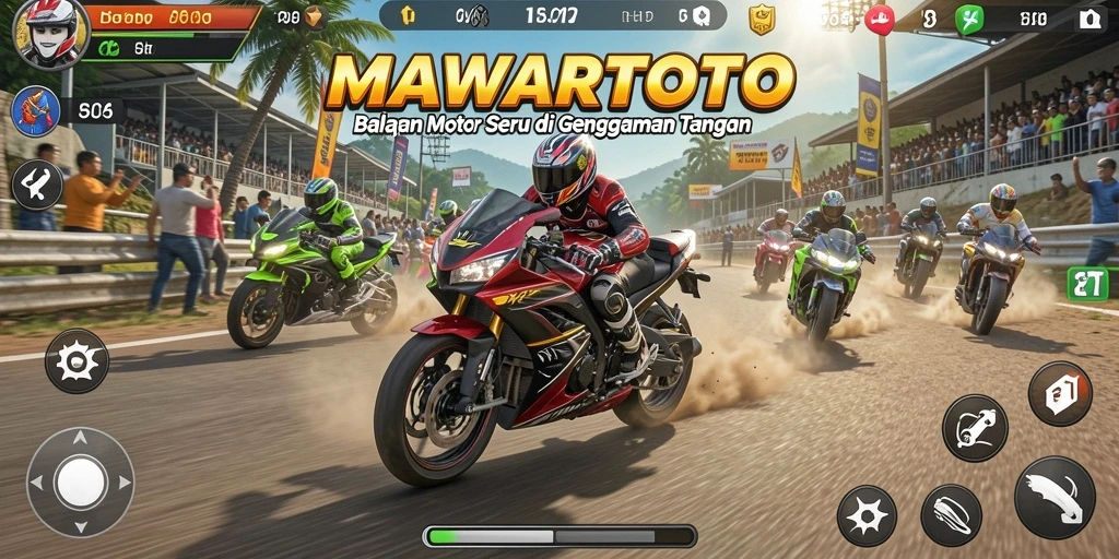 Screenshot gameplay MAWARTOTO menampilkan balapan motor yang intens dan mendebarkan.