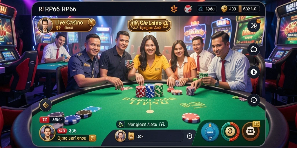 Screenshot gameplay RP66 menampilkan dealer langsung dan suasana kasino yang mengasyikkan.