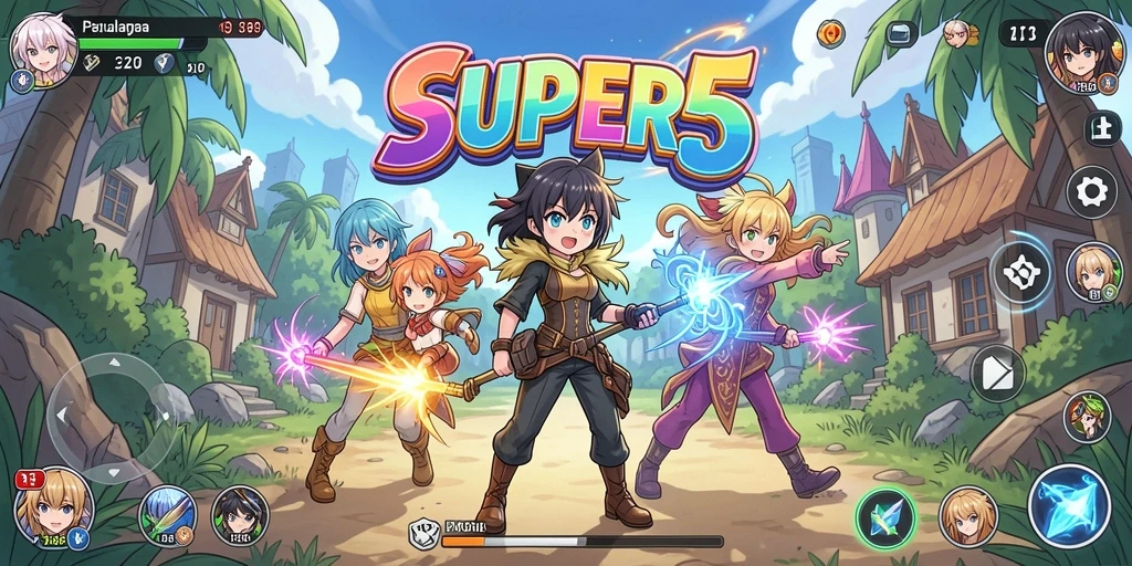 Tangkapan layar game SUPER5 menampilkan aksi karakter Anime yang dinamis.