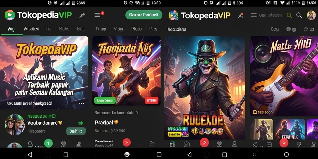 Tampilan utama TOKOPEDIAVIP menampilkan pilihan lagu dan playlist yang beragam.